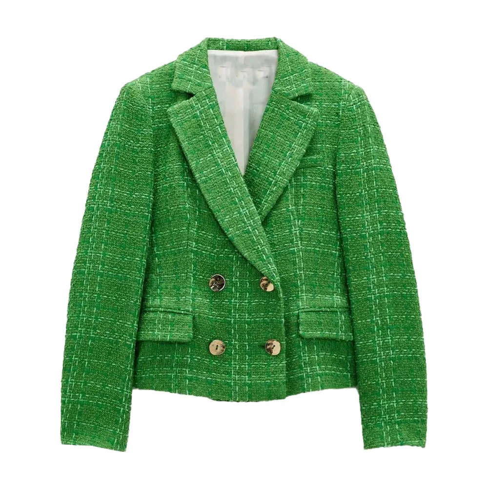 

2021 spring and autumn new women's fashion lapel texture double-breasted suit jacket short long sleeve pockets