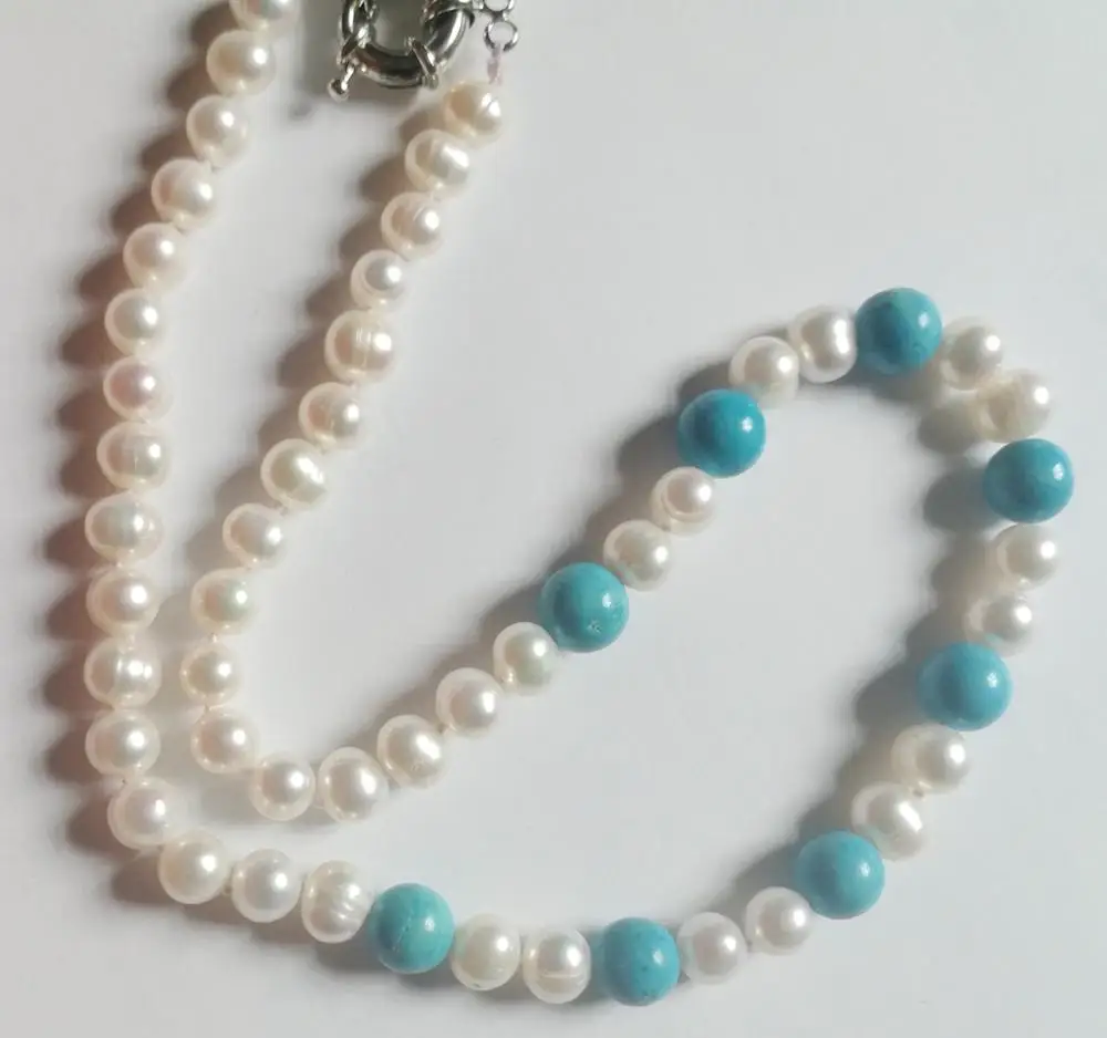 

8x9mm white pearl blue stone mixed necklace natural Freshwater PEARL Women Jewelry 35cm 43cm 14'' 17''