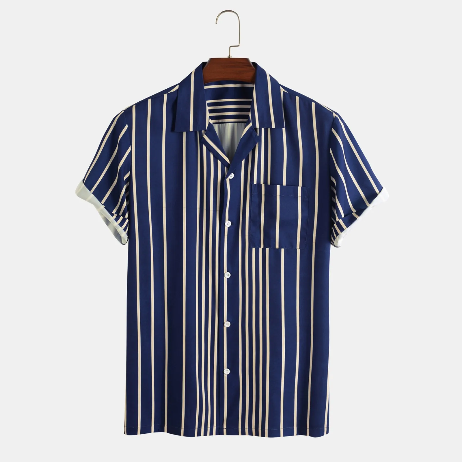 

Рубашка мужская в синюю полоску, Свободный Топ на пуговицах, с коротким рукавом и воротником-стойкой