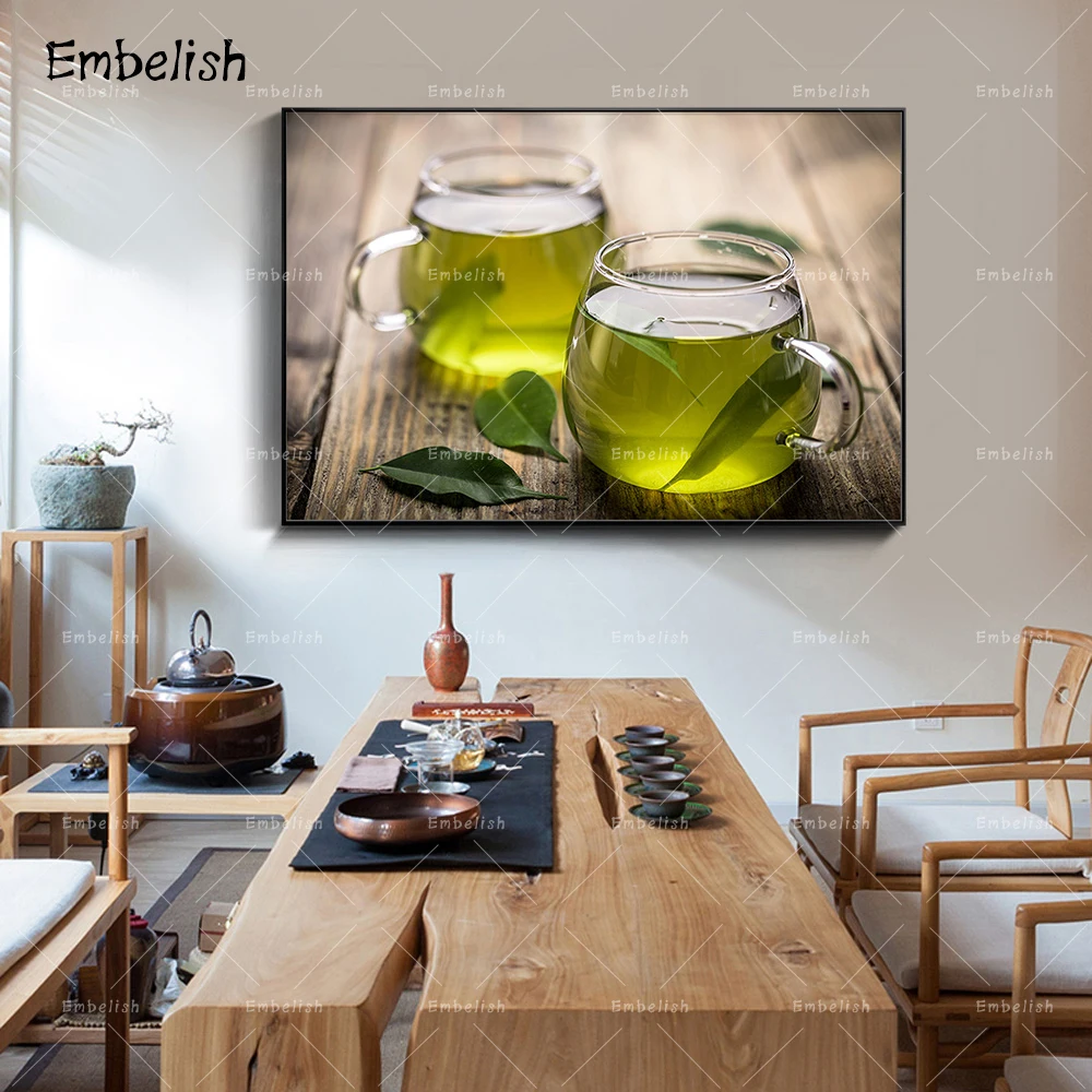 

Embelish 1 Pieces Two Cups Of Green Tea Kitchen Decor Wall Posters For Living Room Modern Home Decor HD Canvas Painting Pictures