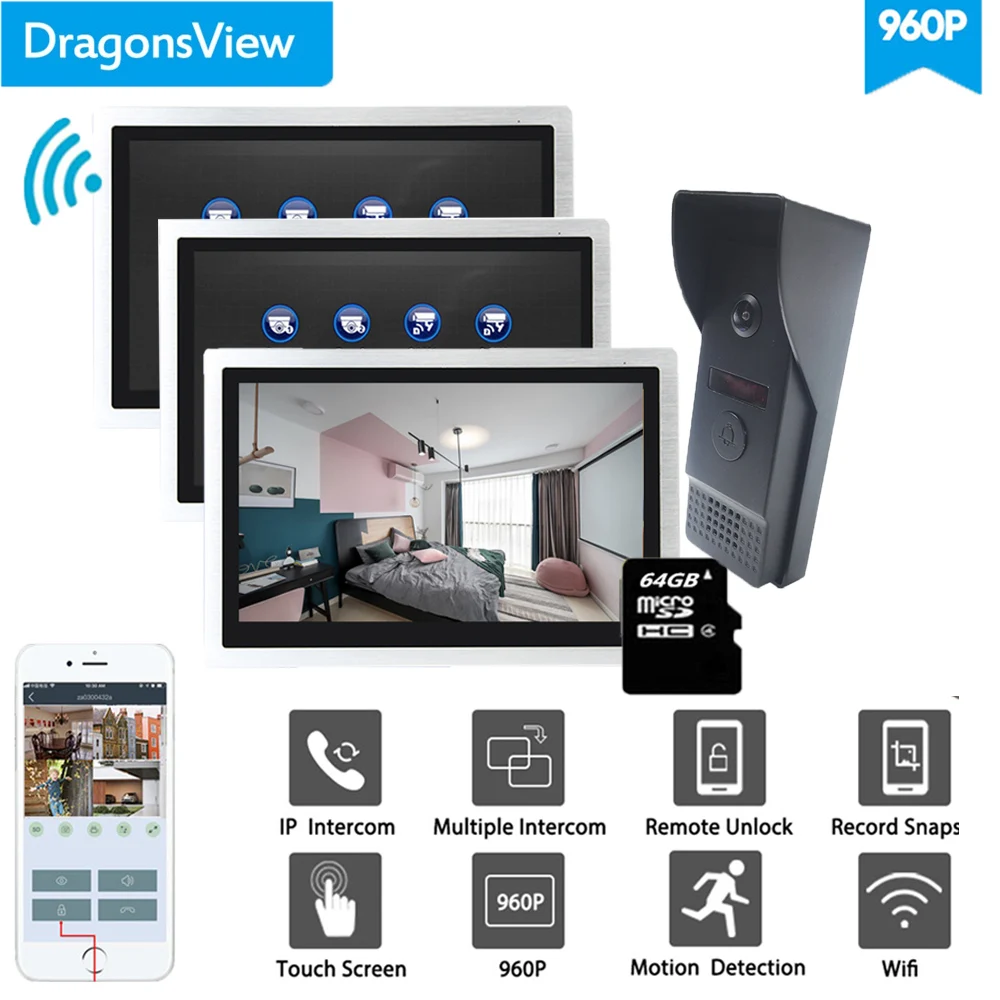 Видеодомофон Dragonsview 10 дюймов Wi Fi IP камера 960P HD 3 монитора и 1 дверной
