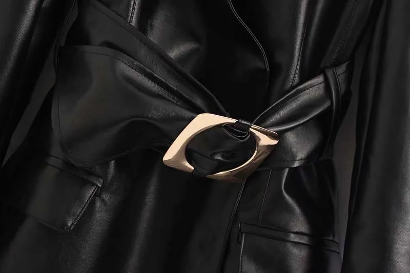Elegant Women Blazer dress With belt Spring V-neck Office lady Black Female Faux Leather jacket Coat Fashion YNZZU 9O151