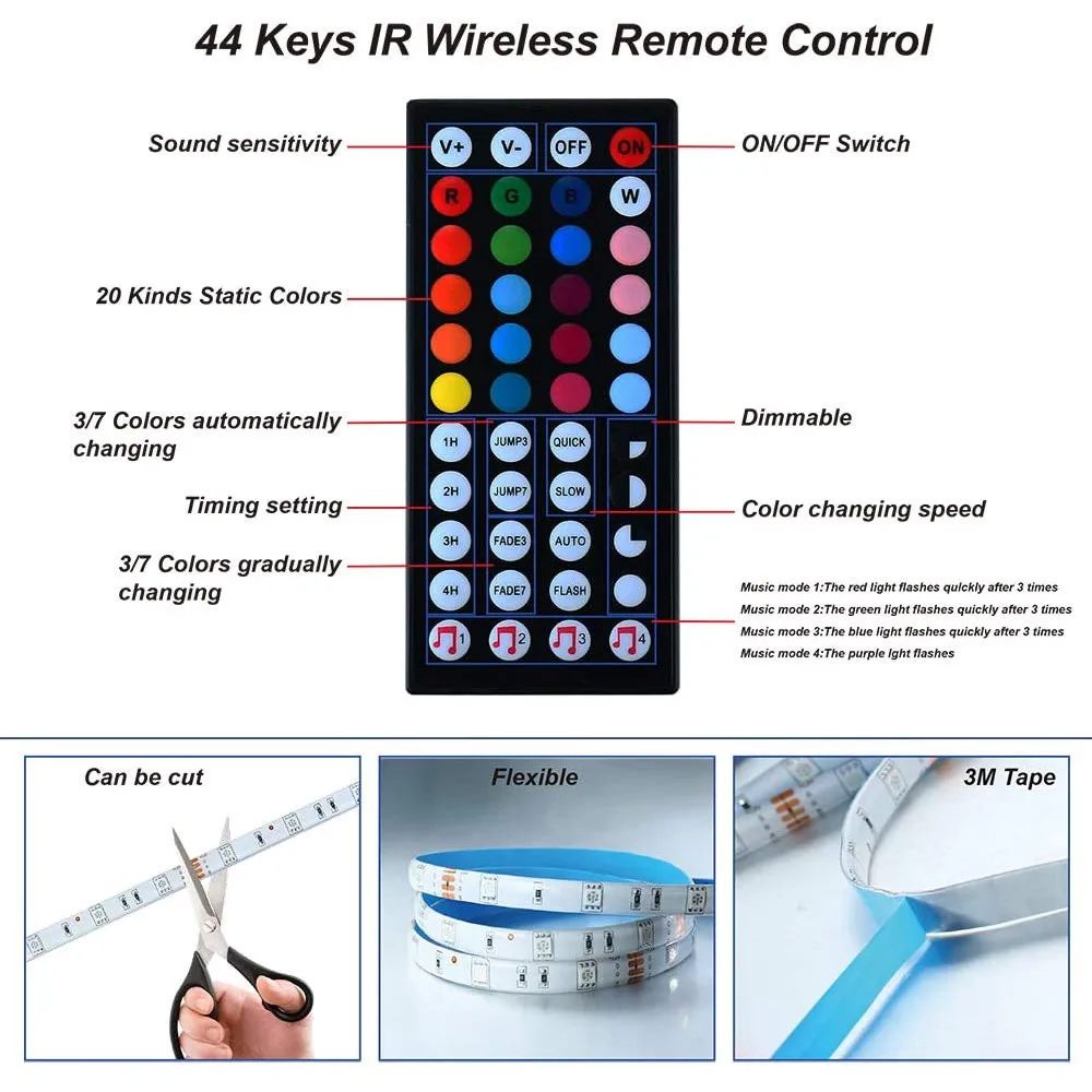 

LED Strip Light RGB 5050 SMD Led Light Strip Music Remote 5M 10M 15M Waterproof Tape Lights, Music Sync Color Changing