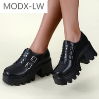 fashion new ladies high heels belt buckle autumn new hot sale retro casual round toe ladies thick soled motorcycle boots