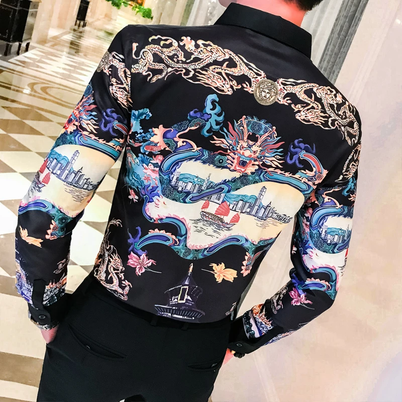 Мужская рубашка с длинным рукавом мужская цветочным принтом приталенная