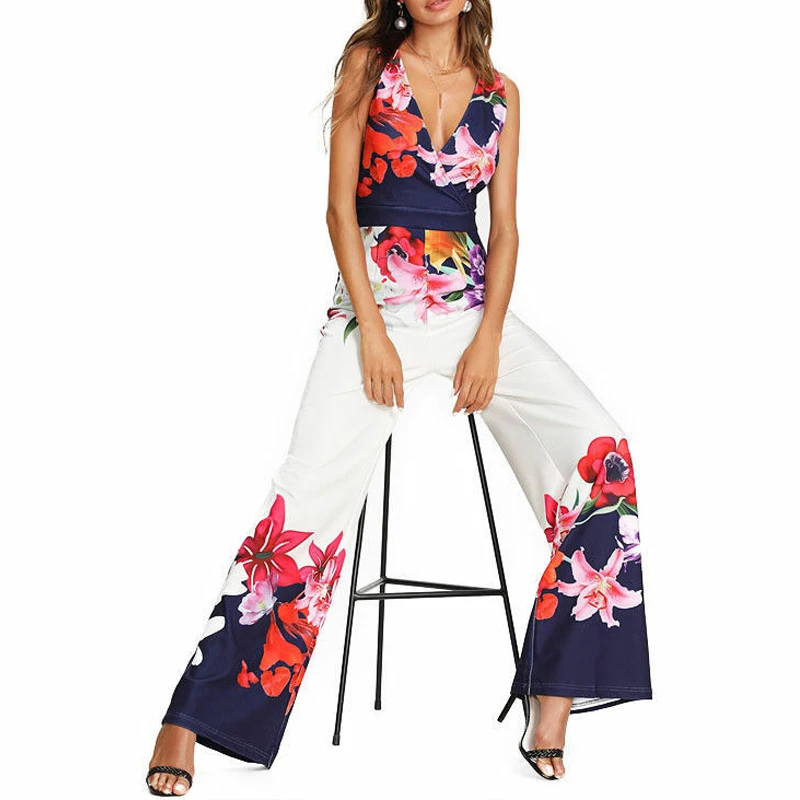 Женский шифоновый комбинезон с V образным вырезом и широкими штанинами|Женские