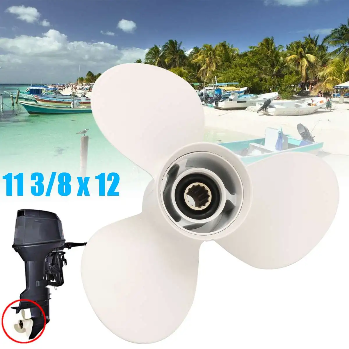 

11 3/8X12 Boat Outboard Propeller For Yamaha 40 48 50 55 60HP Aluminum 13 Spline Tooths Diameter 90mm White 3 Blades
