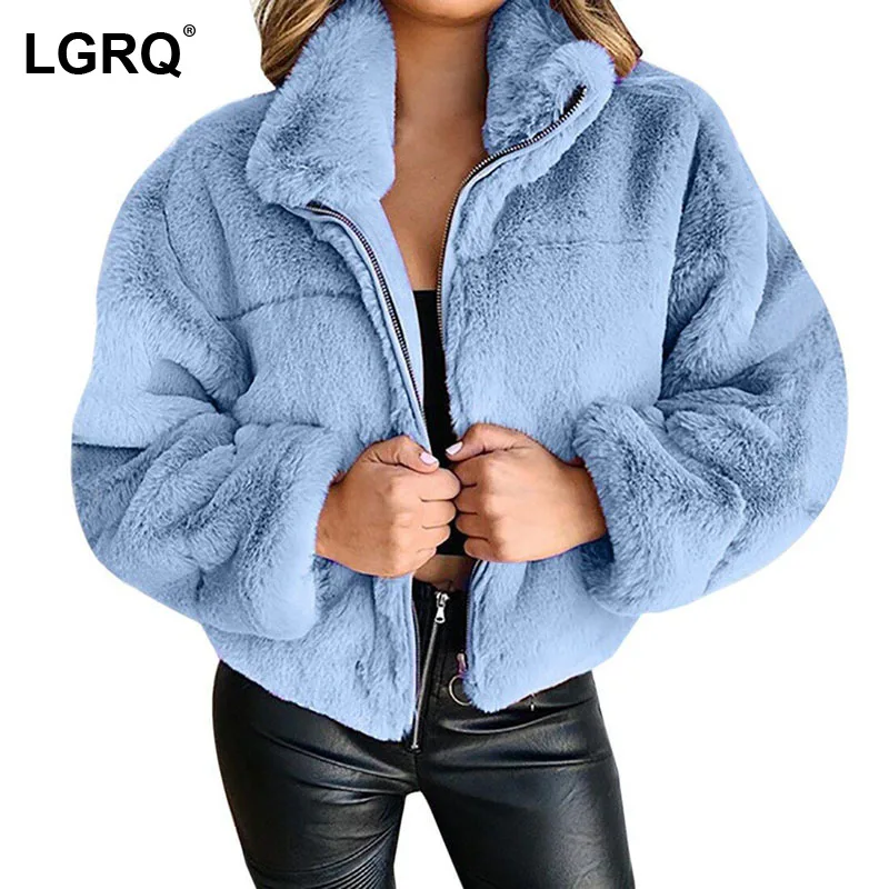 

[LGRQ] Zipper Sheath Furry Warm Fit Faux Fur Jacket New Lapel Long Sleeve Women's Coat Fashion Tide Autumn Winter 2021 19D3994
