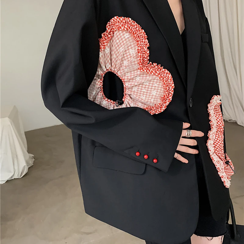 

SHENGPALAE Black Floral Spliced Blazer Women's Autumn 2021 New Notched Loose Single Button Long Sleeve Suit Jacket Female 5E2096