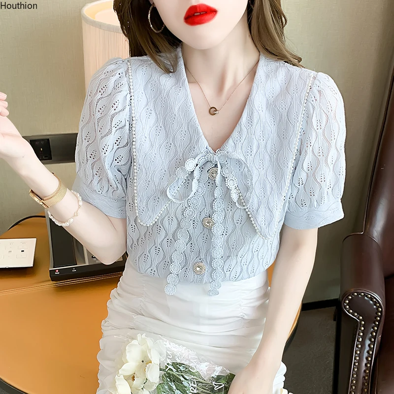 

Chiffon Slim Women Blouses New Casual Blouse Solid Color Lace Doll Collar Button Shirt Fashion Short Sleeve Top Summer Houthion
