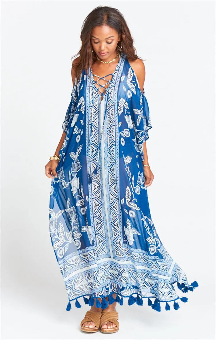 Сексуальное длинное пляжное платье с открытыми плечами на шнуровке женская