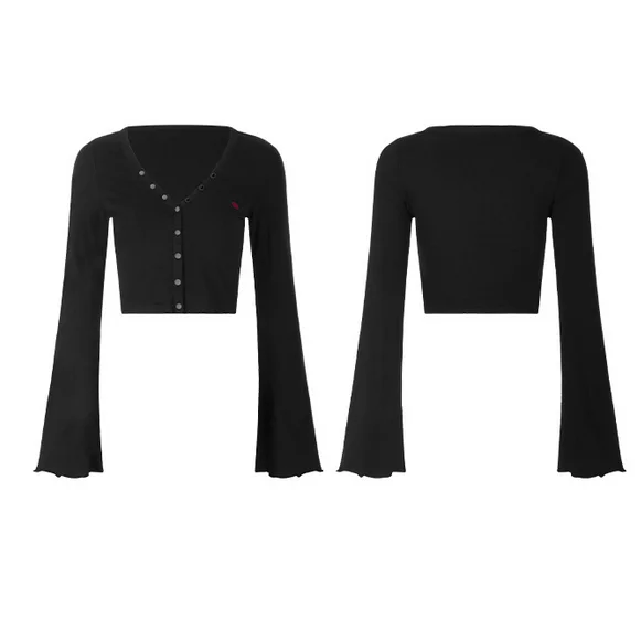 Женский кардиган на пуговицах в стиле панк с вышитыми розами и расклешенными