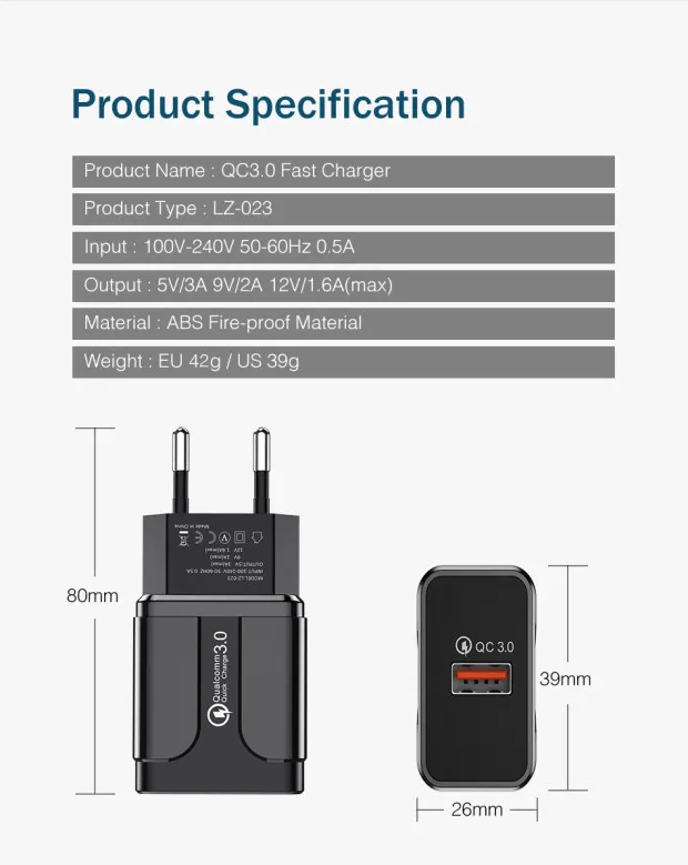 GTWIN Quick Charge 3,0 18 Вт QC 3,0 4,0 быстрое зарядное устройство USB портативное зарядное устройство для мобильного телефона адаптер для iPhone samsung Xiaomi