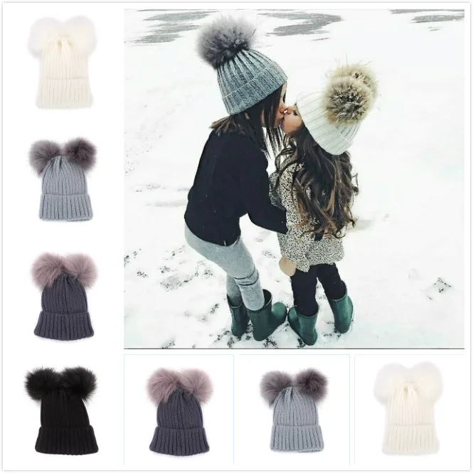 

Autumn and winter children's knitted wool double ball Mickey hat Parent-child cap