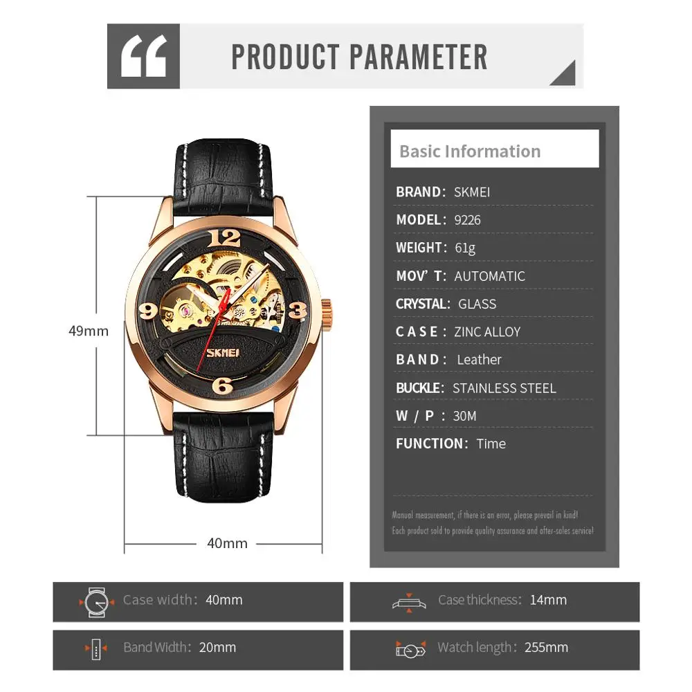 

SKMEI Automatic Mechanical Watches for Mens Fashion Hollow Dial Men Automatic Watch Luminous Pointer Hour Clock Reloj Mujer 9226