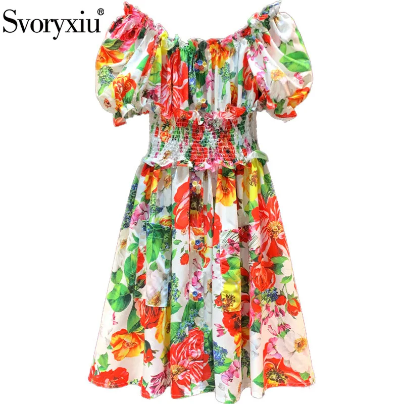 

Svoryxiu Sexy Off Shoulder Summer Beach Holiday Dress Women's Puff Sleeve Elastic Waist Button Pocket Flower Print Runway Dress