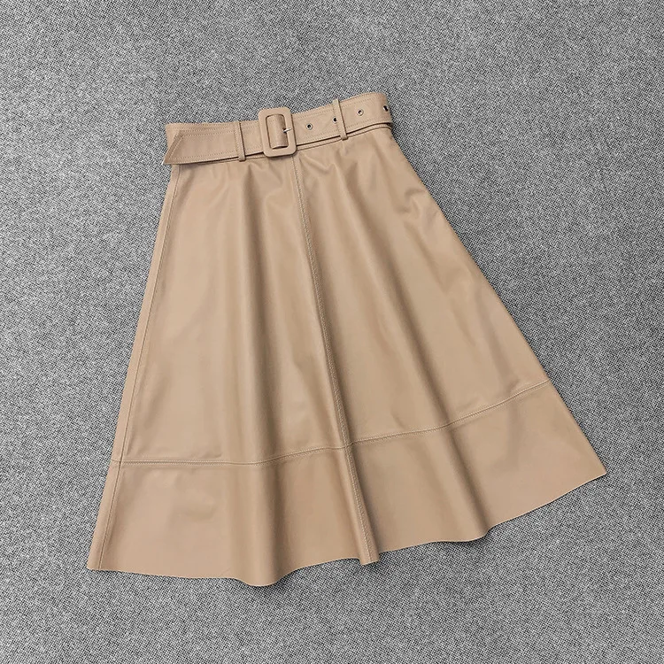 

New Spring 2021 Designer women's High quality genuine leather belt A-line Skirts Hihg-rise leather Skirt B398