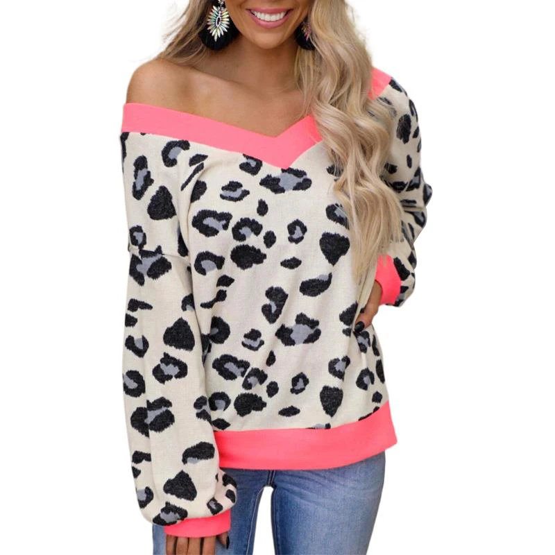

Spring Autumn Women's Clothing New Fashion Women's V-neck Spotted leopard Print Long-sleeved Casual Loose T-shirt Plus Size 2021