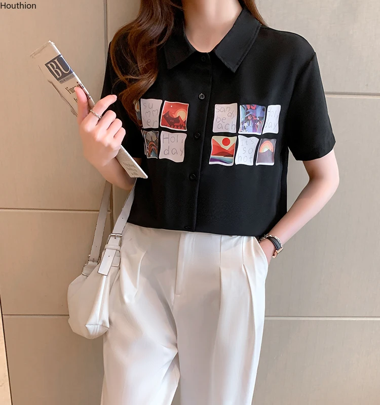 

Polo Shirt Chiffon New Casual Blouse Loose Plus Size Women's Blouses Tree Print Button Fashion Short Sleeve Top Summer 10077