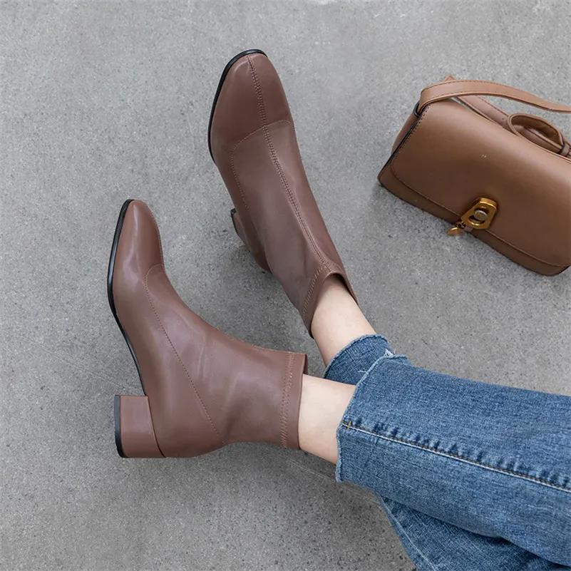 

ANNYMOLI Women Ankle Boots Shoes Mid Heel Short Boots Square Toe Block Heels Female Footwear Autumn White Black Large Size 43