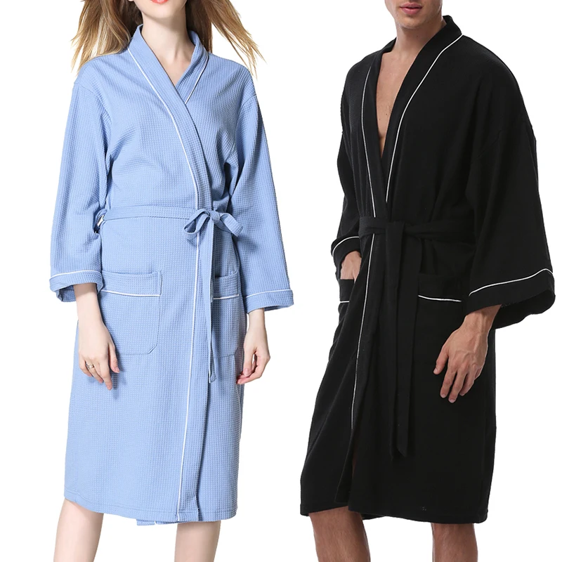 

Witbuy Autumn Waffle Towel Bathrobe Unisex Couple Robes With Pocket Nightgown Women Men Sleepwear Night Wear Gressing Gown 2021