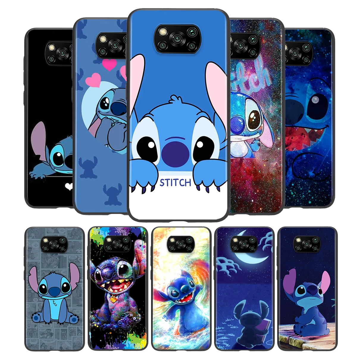 

For Xiaomi Civi Play Mix 3 A2 A1 6X 5X Poco X3 NFC F3 GT M3 M2 X2 F2 Pro C3 F1 Cartoon Stitch Black TPU Phone Case