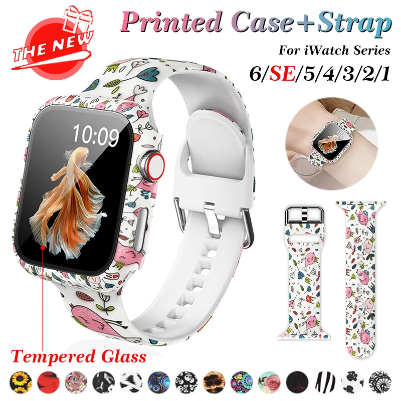 

Чехол с цветочным принтом + ремешок для Apple Watch Band 38 мм 42 мм 40 мм 44 мм с закаленным стеклом для iWatch Series 6 SE 5 4 3 2 1