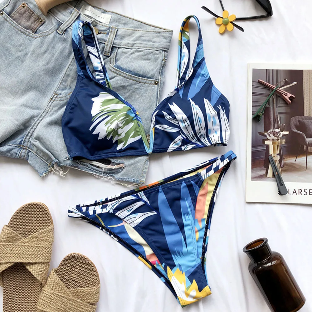 

Sexy Leaves Printed V-Bra Bikini Women Swimwear Female Swimsuit High Cut Bikini set Bather Bathing Suit Swim Lady