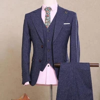 pure blue herringbone tweed suit for men three pieces korean slim fit groom wedding party suits traje novio terno masculino 2020