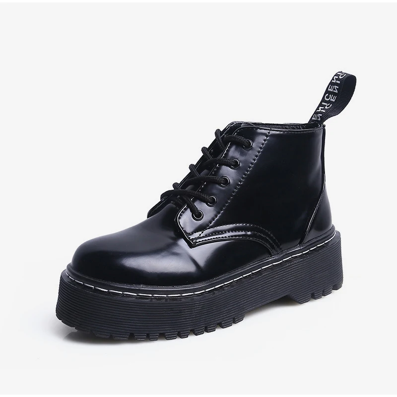 Women's Flat Platform Ankle Boots Autumn Patent Leather Boot Black Lace Up Creepers Shoes Fashion Party Footwear Drop Shipping
