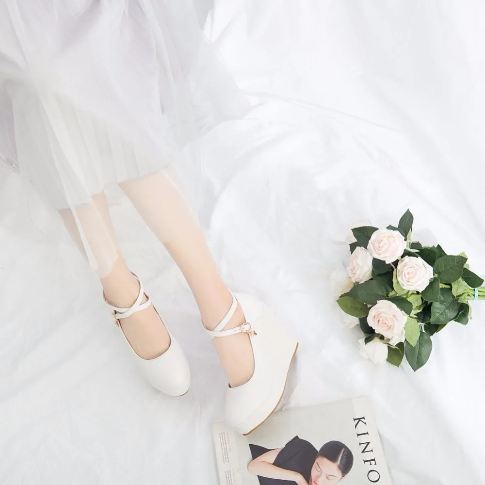 

2020 New White Platform Wedges Shoes Pumps Women High Heels Platform Shoes Round Toe Wedges Pumps Cross Tie Wedges Heels