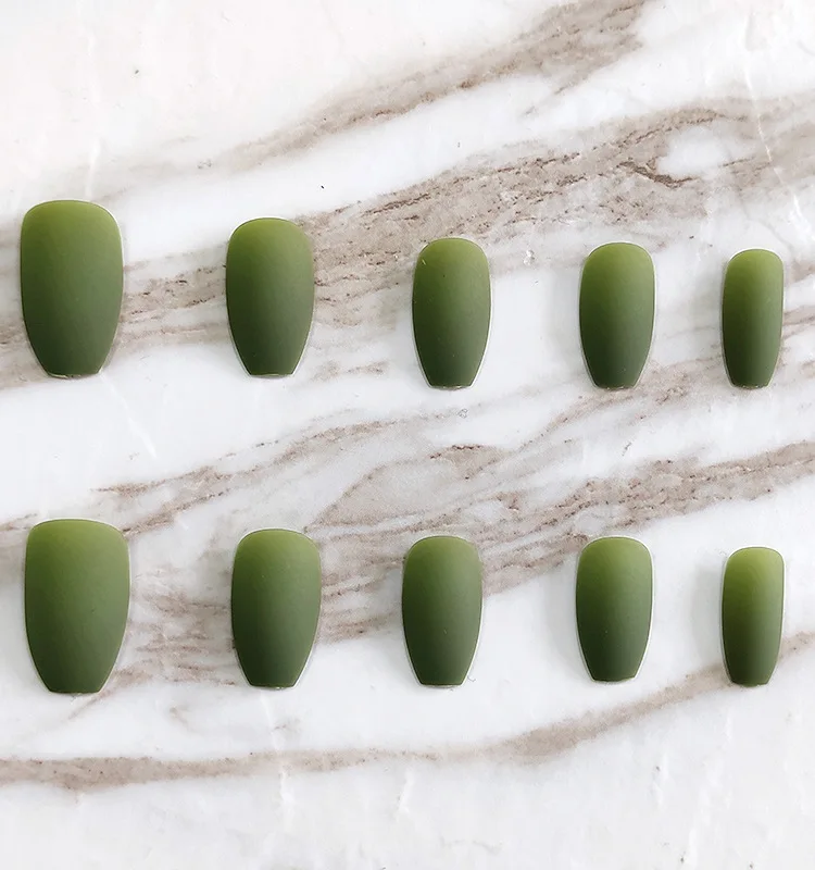 

Накладные ногти, Длинные матовые зеленые носимые наклейки для ногтей, Готовые Ногти, 24 художественные наклейки для ногтей с клеем