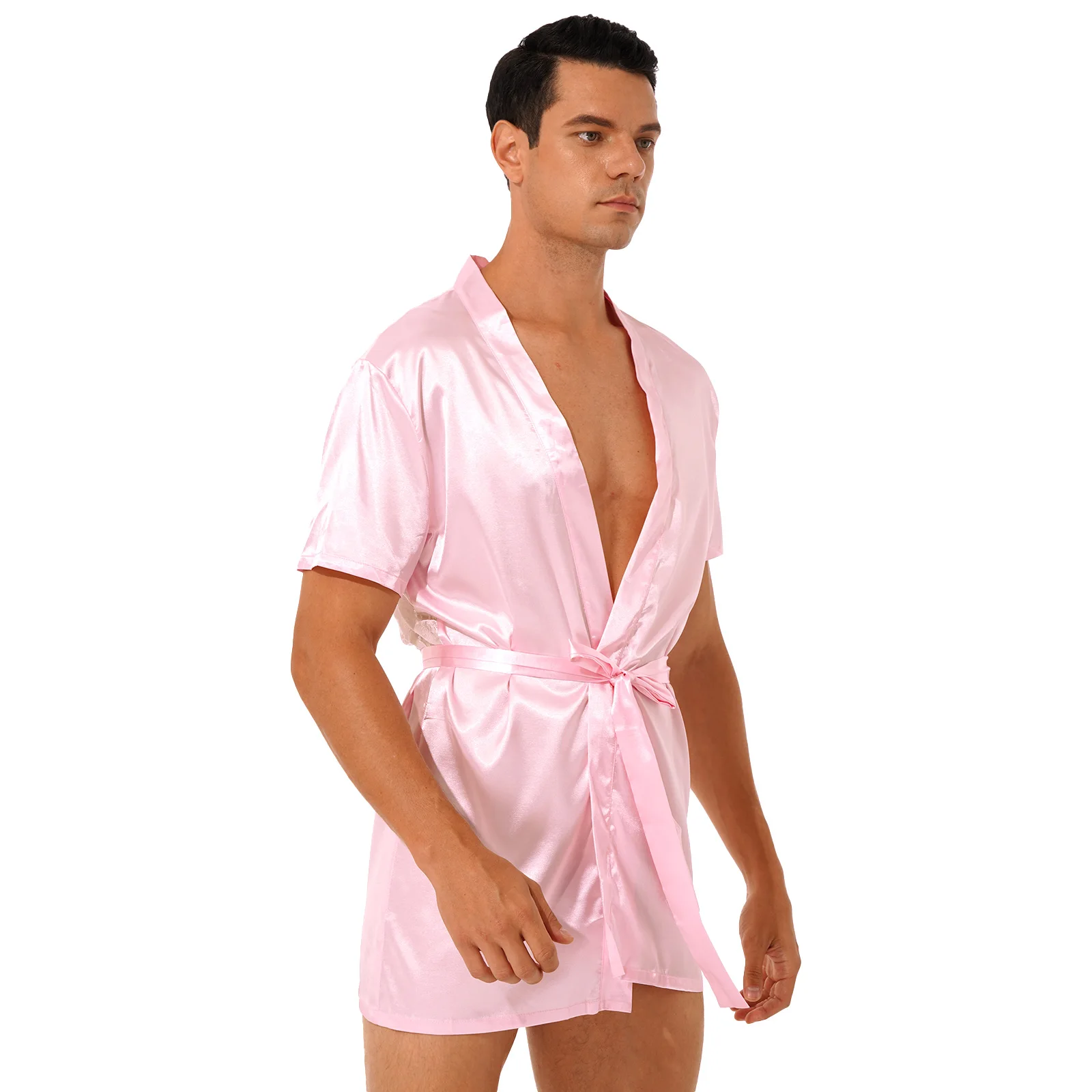 Мужское атласное кружевное кимоно ночная рубашка прозрачная с цветочным