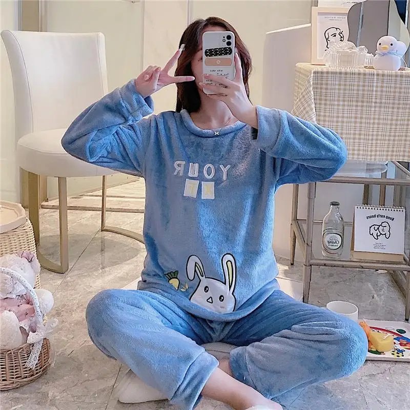 

Winter new M~XXL female flannel pajamas sweet and cute cartoon embroidery thick coral fleece long-sleeved round neck pullover tr