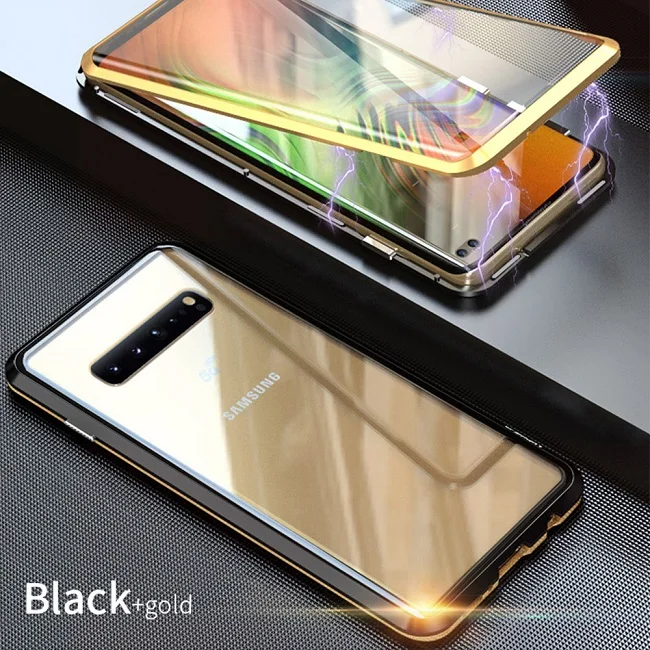 Магнитный чехол для samsung Galaxy S10 Plus, S10e, S9, S8, Note 9, 8, Полный Передний+ задний, 9 H, закаленное стекло, Магнитная пленка, чехол s, крышка - Цвет: Black Gold