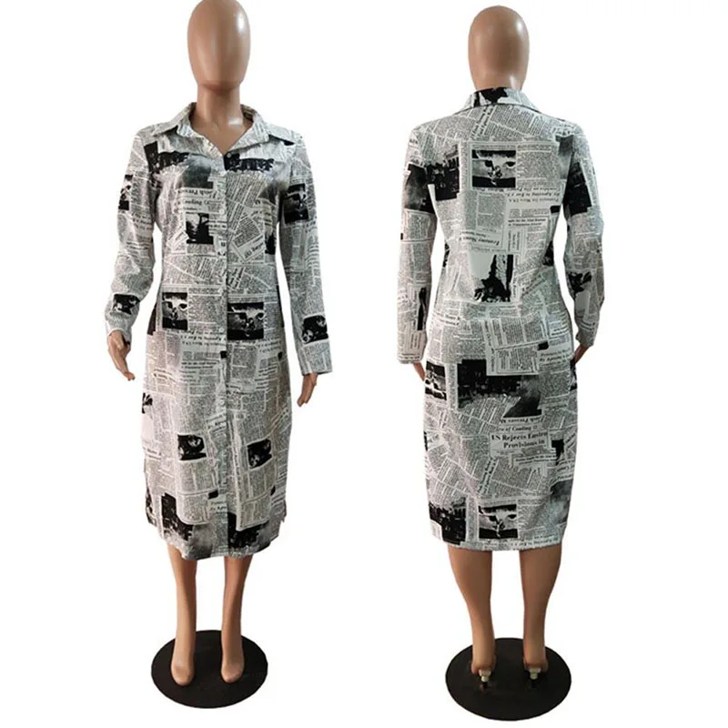 Мода Газета печати рубашка с длинными рукавами платье женское отложным