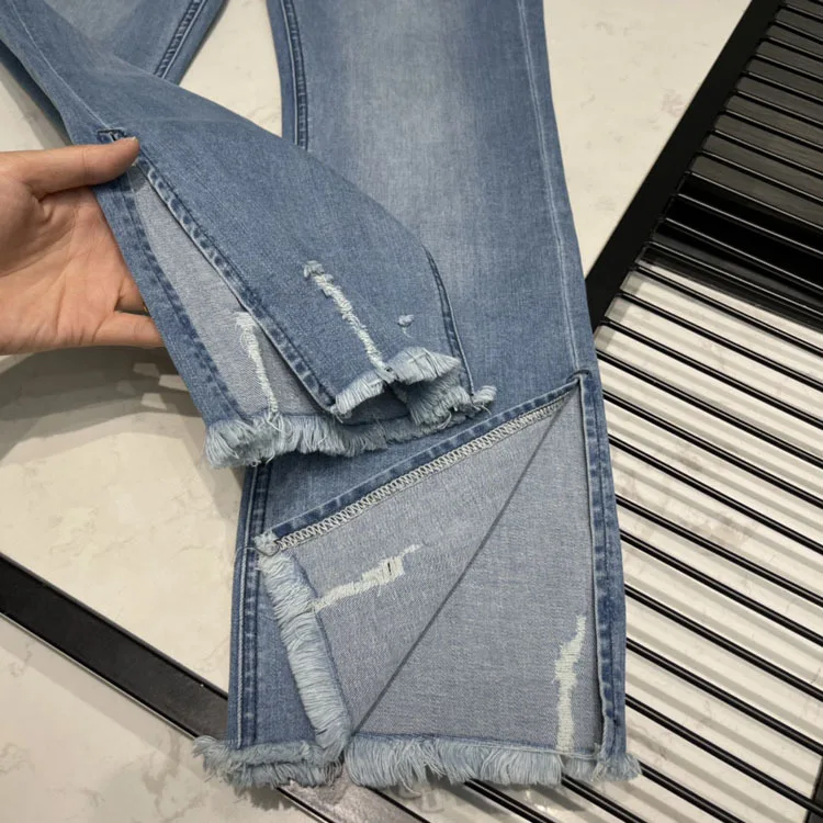 Luxury Brand Blue Jean Pants Women High Waist Light Wash Casual Jeans Bleached Chic Edged Split Slim Denim Pants 2021 Autumn