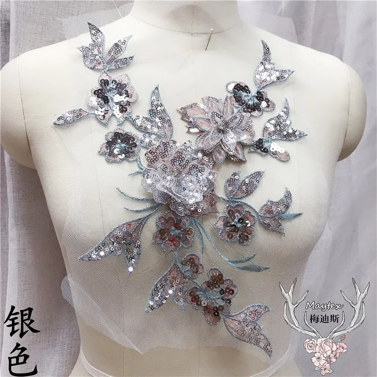 Блестки из бисера 3D Вышивка Зеленые цветы кружева платье с вышивкой DIY Аппликация