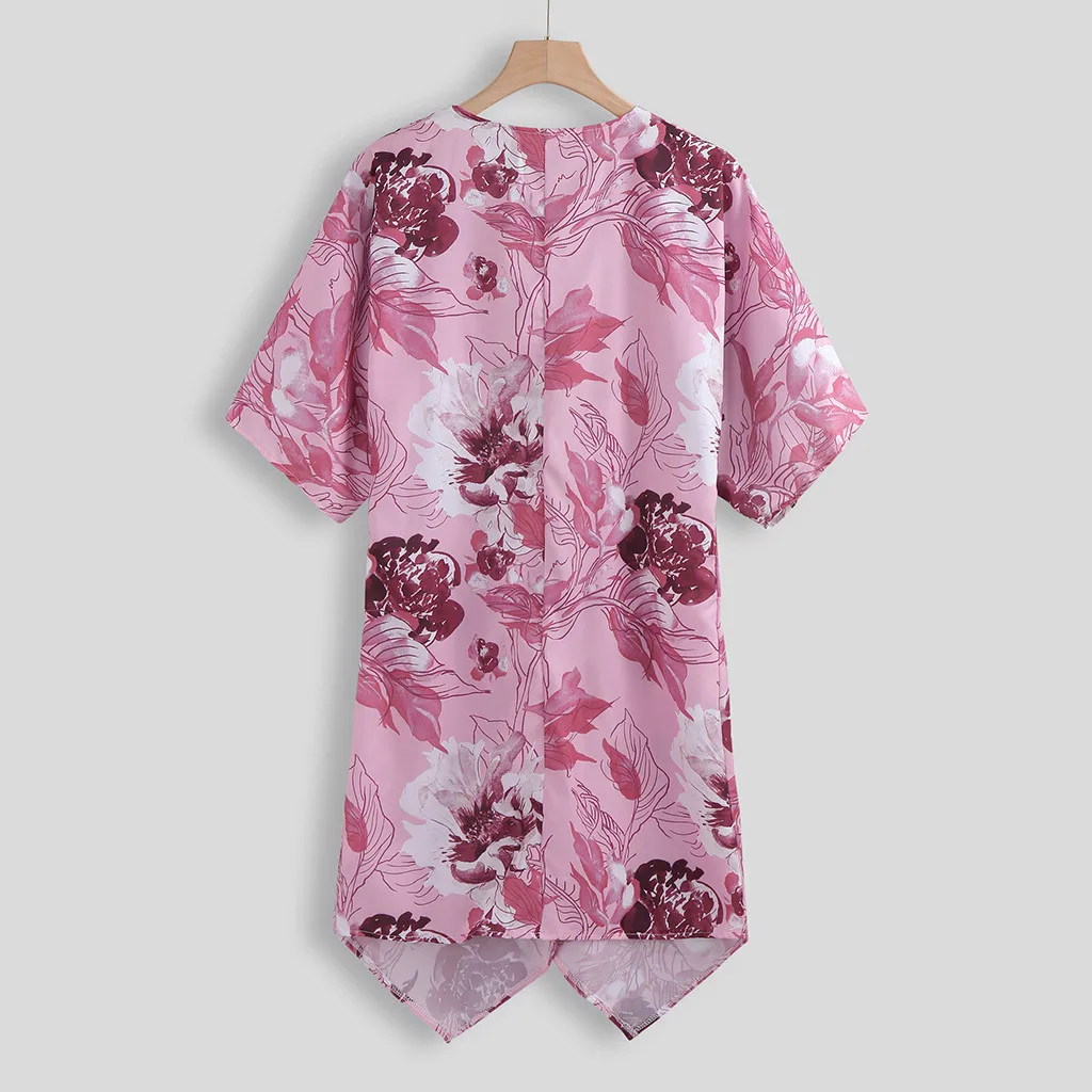 Длинная женская рубашка с коротким рукавом и цветочным принтом асимметричный