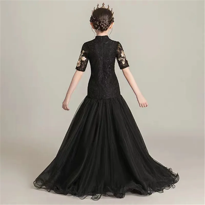 

Autumn Spring Luxury New Black Color Children Girls Embroidery Lace Fish Tail Evening Party Dress Model Show Piano Costume Dress