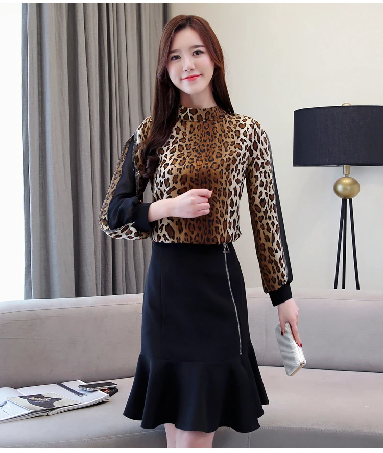 new women tops and blouse vintage pullover long sleeve leopard o-neck women's blouse OL casual lady shirt blusas 5466 50