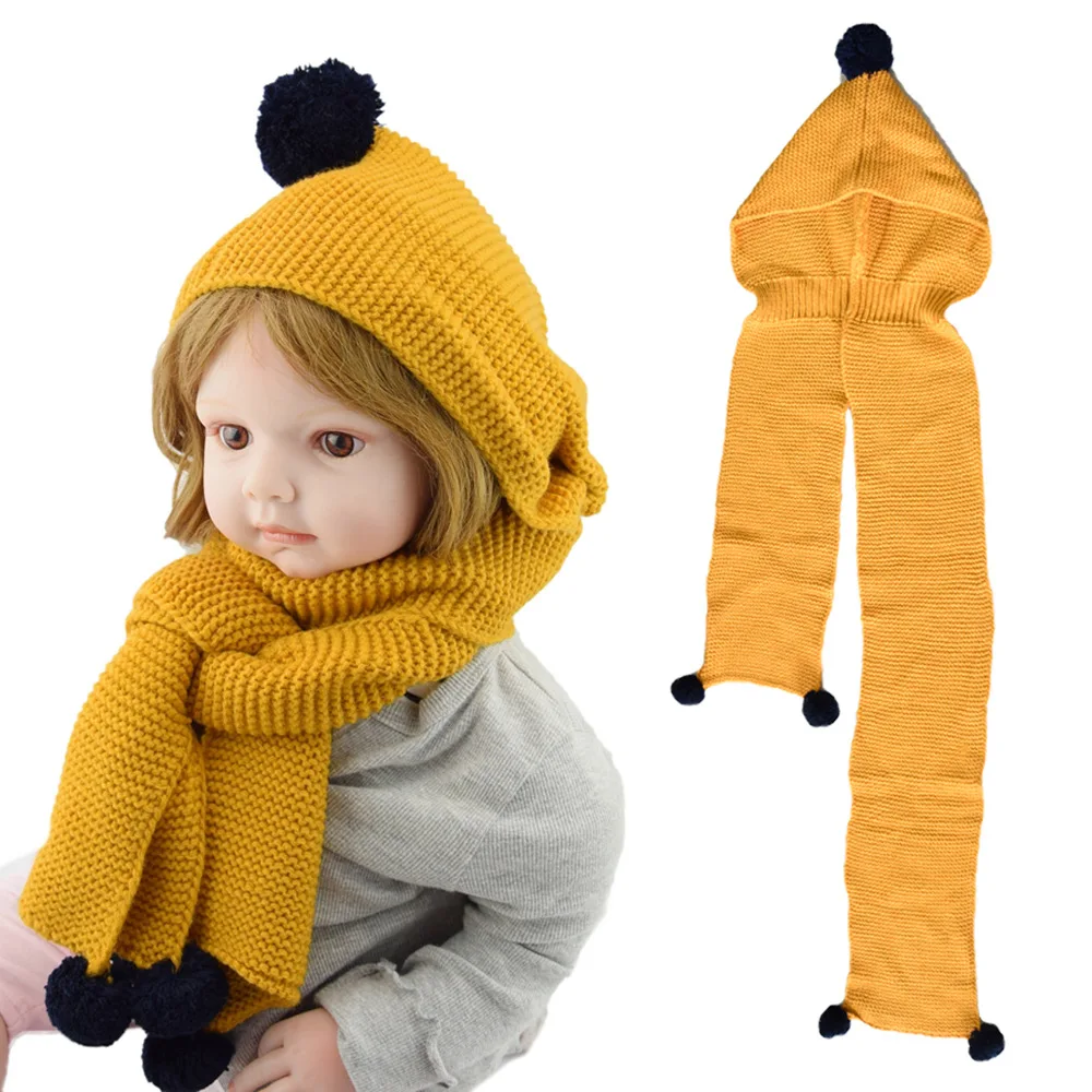 

Children's Scarf with Hat, Hooded Shawl, Autumn and Winter Dual-use Warm Woolen Knitted Hat, One-piece Fur Ball Scarf