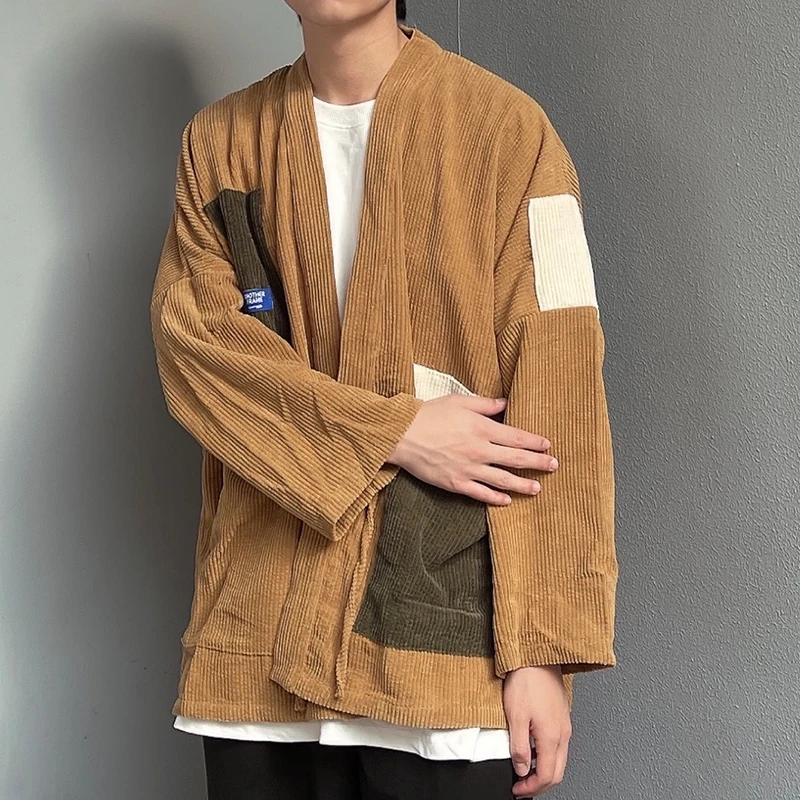 Japan Style Men Corduroy Kimono Jacket Color-blocking Patched Design Drop Shoulder Haori Oversize Loose Thin Coat | Мужская одежда