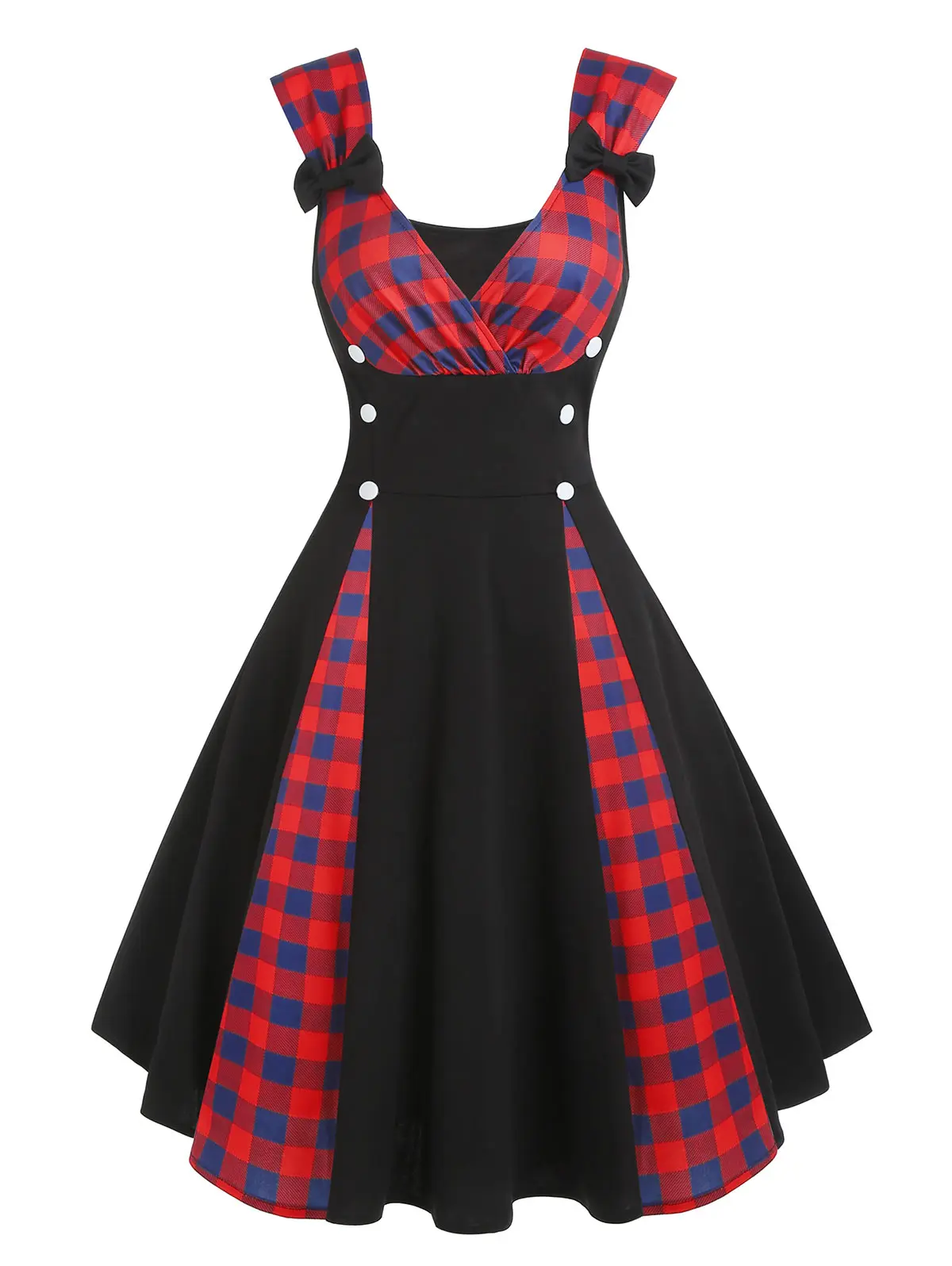 

Vintage Retro Style Plaid Polka Dot Bowknot Mock Button Surplice Dress A-Line Sleeveless Midi Empire Waist Dresses