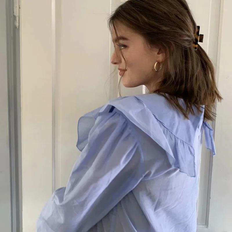 

Women Long Sleeve Shirts Blue Blouses Vintage Korean 2021 Sweet Bow Ruffle Loose Ladies Blouse Office Lady Long Sleeve Sweet Top