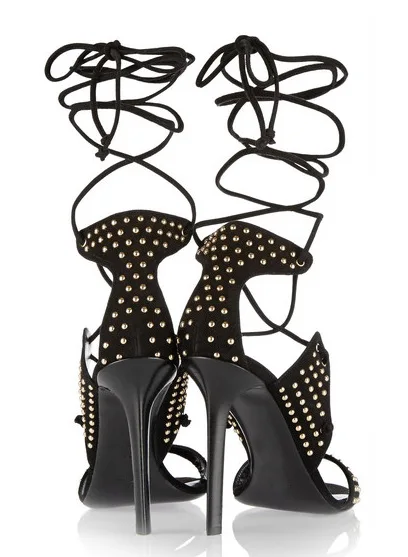 Beli Musim Panas Paku Keling Studs Suede Perban Sandal Sexy Tipis Sepatu Hak Tinggi Kaki Sepatu Open Toe Menyeberangi Tali Sandal Sepatu Sepatu