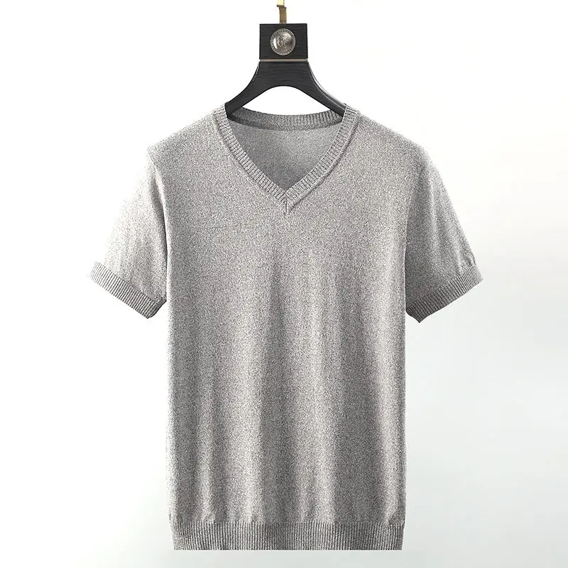 

2021 New Summer Men's T-shirt Solid Color Sweaters Male Slim V-neck Basic Casual Knitted Tees Classical Tops Pullover D225