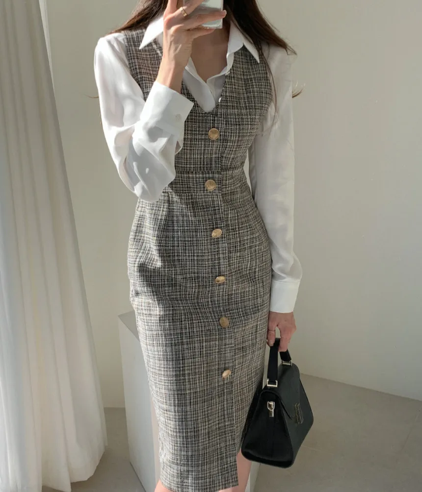 

New Autumn Spring Women Elegant Plaid Tweed Office Ladies Sleeveless Vest Dress