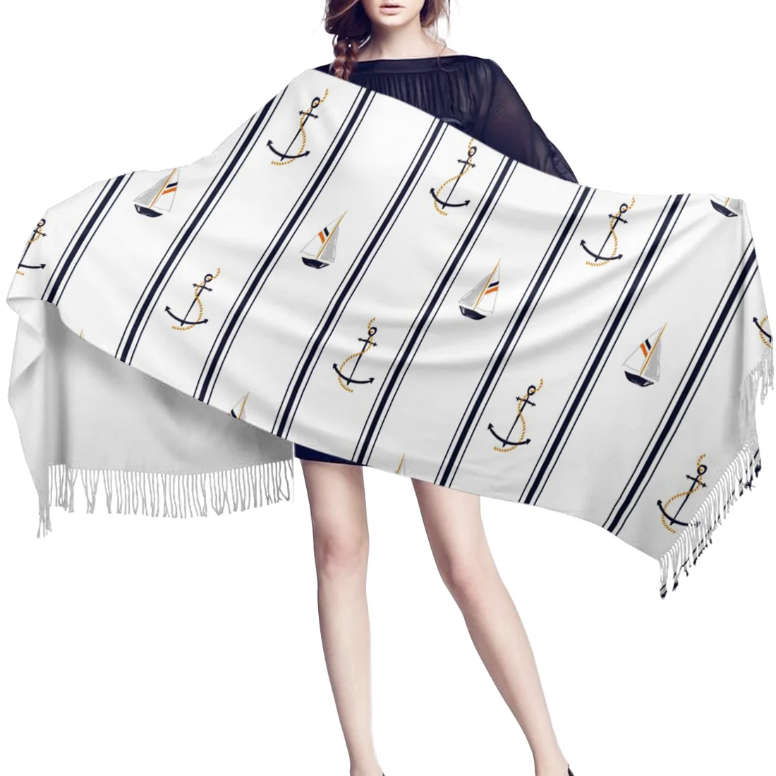 Лодка Якорь океан корабль черный шарф унисекс толстые теплые зимние шарфы