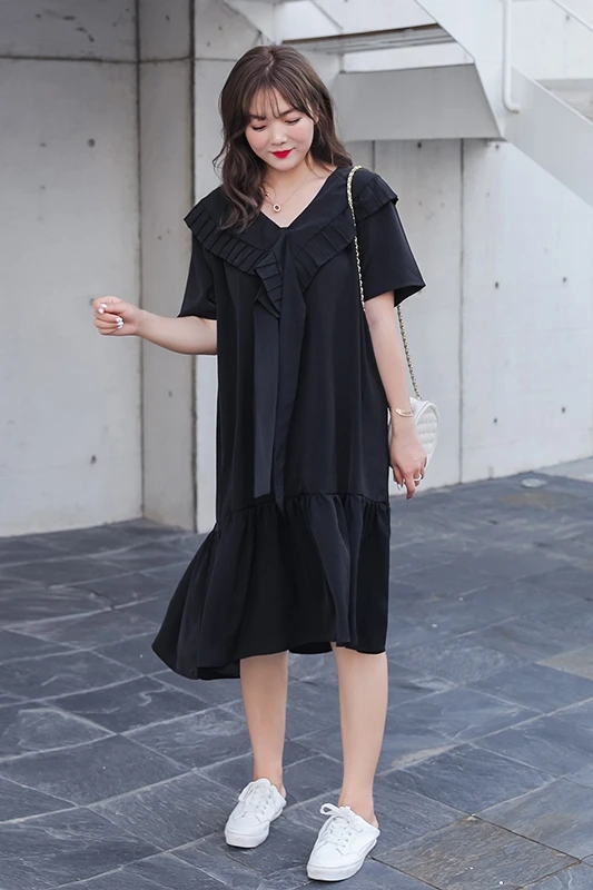

COIGARSAM 3XL Plus Size Short Sleeve Women dress Summer Loose V-Neck Dresses Black 599